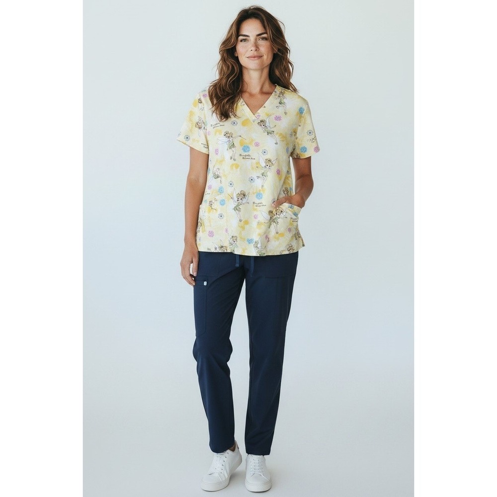DISNEY Medical Scrub Top Womens 2XL Yellow Cotton Tinkerbell Pockets